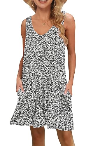 WNEEDU Damen Leichte Sommerkleid V-Ausschnit Swing Tank-Kleid Ärmellos Strandkleid Knielang mit Taschen von WNEEDU