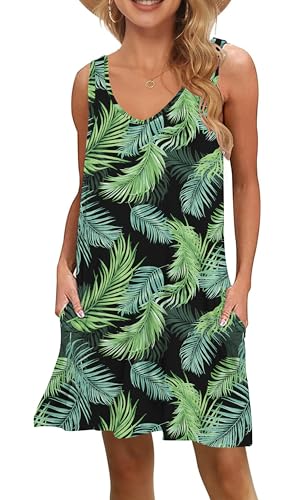 WNEEDU Damen Leichte Sommerkleid V-Ausschnit Swing Tank-Kleid Ärmellos Strandkleid Knielang mit Taschen von WNEEDU