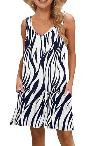 WNEEDU Damen Leichte Sommerkleid V-Ausschnit Swing Tank-Kleid Ärmellos Strandkleid Knielang mit Taschen von WNEEDU
