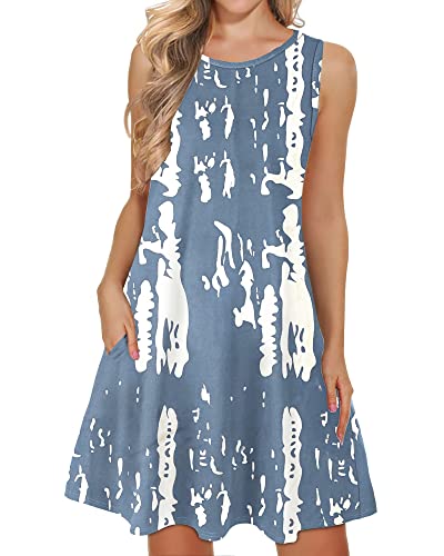 WNEEDU Damen Leichte Strandkleid Ärmellos Tank Sommerkleider Swing Kleider mit Taschen Graffiti Grau 2XL von WNEEDU