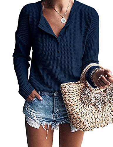 WNEEDU Damen Oberteile Langarm Waffelstrick Henley Shirt Leichte Pullover V-Ausschnitt von WNEEDU