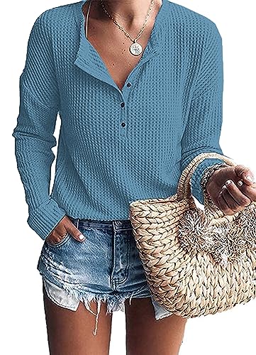 WNEEDU Damen Oberteile Langarm Waffelstrick Henley Shirt Leichte Pullover V-Ausschnitt von WNEEDU