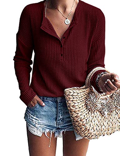 WNEEDU Damen Oberteile Langarm Waffelstrick Henley Shirt Leichte Pullover V-Ausschnitt von WNEEDU