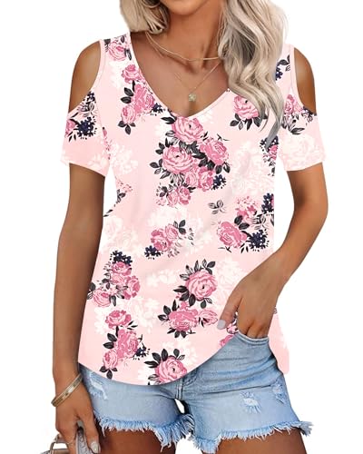 WNEEDU Damen Oberteile V Ausschnitt Kurzarm Tshirt Sommer Off Shoulder Top Elegant 2024 Pinke Rose M von WNEEDU