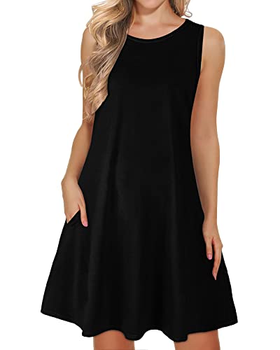 WNEEDU Schwarz Damen lässig Sommerkleid Ärmelloses Tank Strandkleider T-Shirt Kleid mit Taschen Schwarz 3XL von WNEEDU