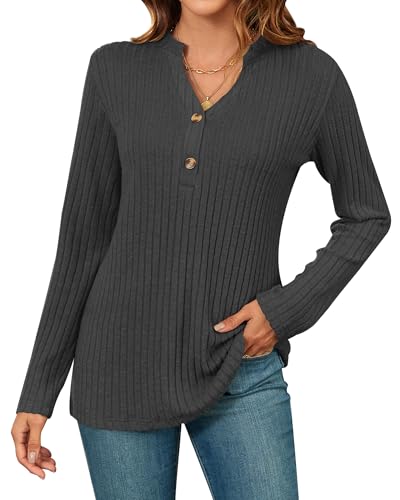 WNEEDU Damen Pullover Herbst Winter Leichte Langarmshirt Langarm Oberteile Sweatshirt V-Ausschnitt Pullover mit Knöpfen 2024 Dunkelgrau M von WNEEDU