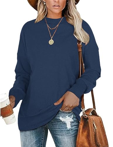 WNEEDU Damen Pullover Langarmshirt Rundhalsausschnitt Basic Sweatershirt Lässig Leichte Damenpullover Langarm Shirt Oberteil Tops Navy Blau XL von WNEEDU