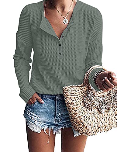 WNEEDU Damen Pullover Waffelstrick Langarm Oversize T-Shirt Leichte Henley Shirt V-Ausschnitt von WNEEDU