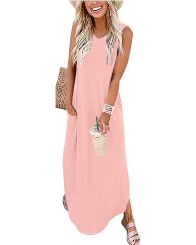WNEEDU Damen Sommer Kleid Ärmellos Maxi Sommerkleid Strandkleider Lang Leichte Freizeitkleid V Ausschnitt mit Taschen,Hell-Pink L von WNEEDU