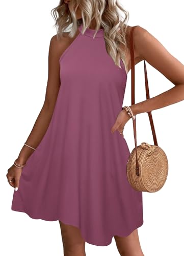 WNEEDU Sommerkleider Damen Kurze Strandkleider Neckholder Ärmelloses A-Linie Freizeitkleid mit Taschen,Mauve M von WNEEDU