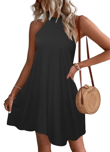 WNEEDU Sommerkleider Damen Kurze Strandkleider Neckholder Ärmelloses A-Linie Freizeitkleid mit Taschen,Schwarz L von WNEEDU