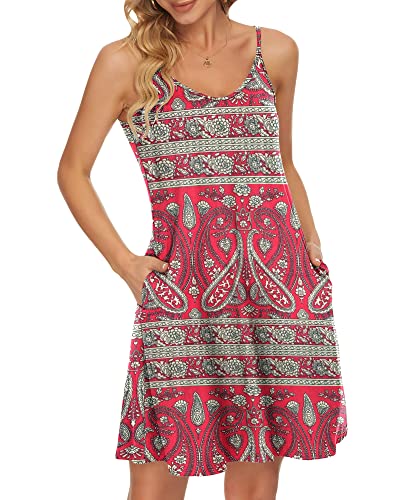 WNEEDU Strandkleid für Damen Spaghetti Träger Kleid Boho Blumig Rot XL von WNEEDU