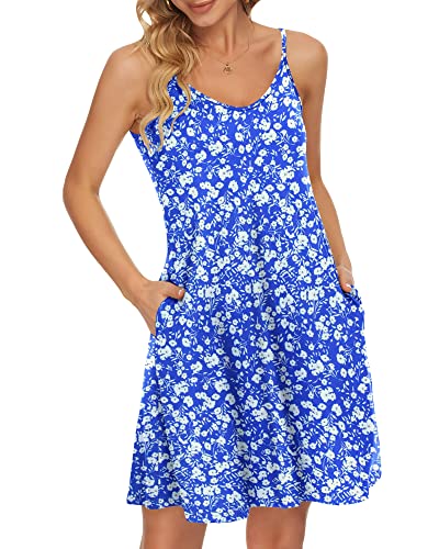 WNEEDU Damen Sommer Spaghetti Träger Kleid Floral Blau Weiß L von WNEEDU