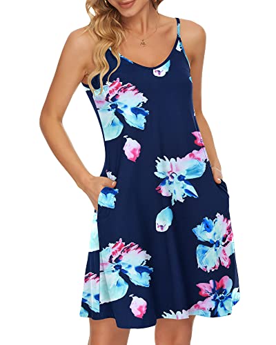 WNEEDU Damen Sommer Spaghetti Träger Kleid Marineblaue rosa Blume XL von WNEEDU