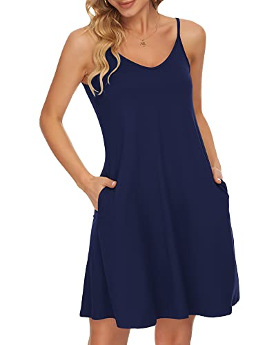 WNEEDU Damen Sommer Spaghetti Träger Kleid Navy Blau L von WNEEDU