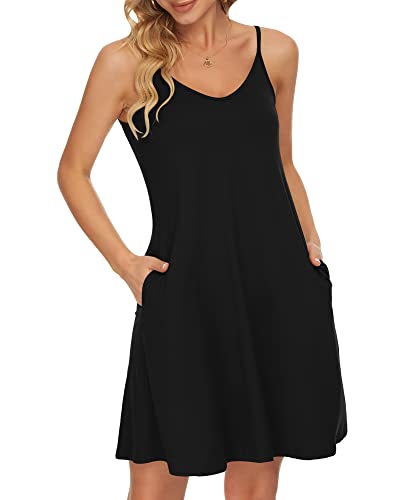 WNEEDU Damen Sommer Spaghetti Träger Kleid Schwarz L von WNEEDU