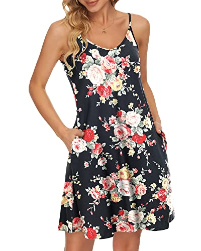 WNEEDU Damen Sommerkleid Spaghetti Träger Kleid Schwarz Rosa Rose L von WNEEDU