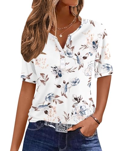 WNEEDU Damen Sommer T-Shirt Basic Shirt V-Ausschnitt Blusen Top Oberteile Kurzarm Tshirt mit Knöpfen 2025 Neu Floral Weiß M von WNEEDU