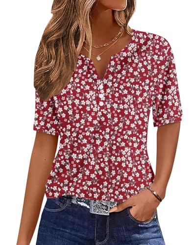 WNEEDU Damen Sommer T-Shirt Basic Shirt V-Ausschnitt Blusen Top Oberteile Kurzarm Tshirt mit Knöpfen 2025 Neu Rote Blumen XL von WNEEDU