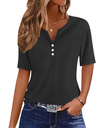 WNEEDU Damen Sommer T-Shirt Basic Shirt V-Ausschnitt Blusen Top Oberteile Kurzarm Tshirt mit Knöpfen 2025 Neu Schwarz M von WNEEDU