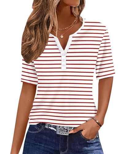 WNEEDU Damen Sommer T-Shirt Basic Shirt V-Ausschnitt Blusen Top Oberteile Kurzarm Tshirt mit Knöpfen 2025 Neu Weiß Rot gestreift 2XL von WNEEDU