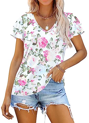 WNEEDU Top Damen Sommer Rüschenärmel Bluse Elegant V Ausschnitt Kurzarm Tshirt Oberteile Floral White Rose M von WNEEDU