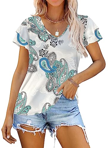 WNEEDU Bluse Damen Sommer Rüschenärmel Top Elegant V Ausschnitt Kurzarm T Shirt Oberteile Floral White Green M von WNEEDU