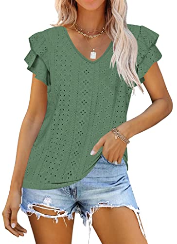 WNEEDU Bluse Damen Sommer Rüschenärmel Top Elegant V Ausschnitt Kurzarm T Shirt Oberteile Dark Green M von WNEEDU