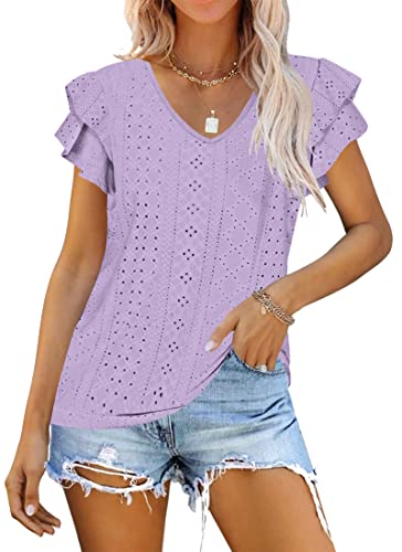 WNEEDU Damen Tshirt Sommer Oberteile Rüschenärmel Bluse Elegant V Ausschnitt Kurzarm T Shirt Light Purple M von WNEEDU