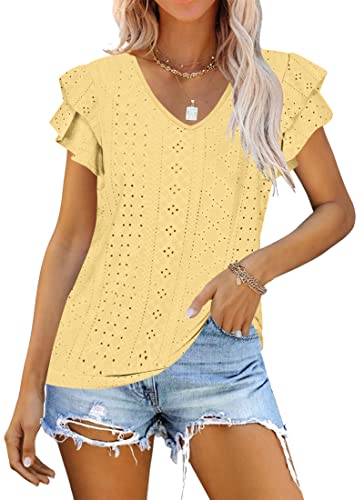 WNEEDU Top Damen Sommer Rüschenärmel Bluse Elegant V Ausschnitt Kurzarm Tshirt Oberteile Light Yellow L von WNEEDU