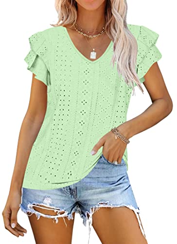WNEEDU Damen Tshirt Sommer Oberteile Rüschenärmel Bluse Elegant V Ausschnitt Kurzarm T Shirt Light Green XL von WNEEDU