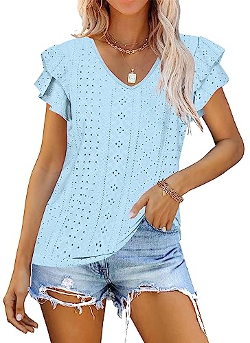 WNEEDU Shirts Damen Sommer Top Rüschenärmel Kurzarm Bluse Elegant V Ausschnitt T-Shirts Sky Blue L von WNEEDU