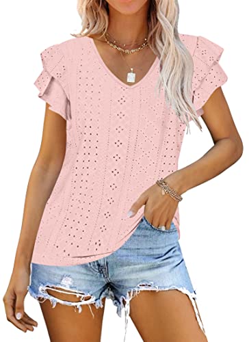 WNEEDU T Shirt Damen Sommer Top Rüschenärmel Kurzarm Bluse Elegant V Ausschnitt Oberteile Pink L von WNEEDU