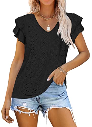 WNEEDU Top Damen Sommer Rüschenärmel Bluse Elegant V Ausschnitt Kurzarm Tshirt Oberteile Black S von WNEEDU