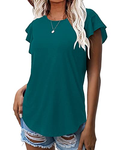 WNEEDU Damen Sommer Tops T-Shirts Rüschen Kurzarm Oberteile Freizeitblusen Hemden(Dunkelgrün,XXL) von WNEEDU