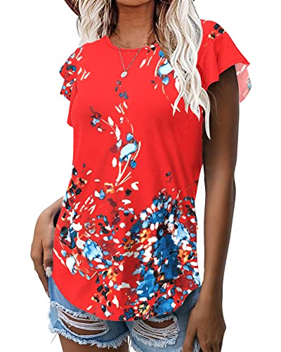 WNEEDU Damen Sommer Tops T-Shirts Rüschen Kurzarm Oberteile Freizeitblusen Hemden(Floral Orange,L) von WNEEDU