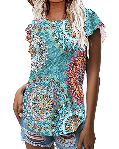 WNEEDU Damen Sommer Tops T-Shirts Rüschen Kurzarm Oberteile Freizeitblusen Hemden(Grün Drucken,S) von WNEEDU