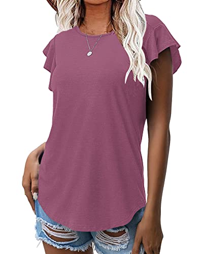 WNEEDU Damen Sommer Tops T-Shirts Rüschen Kurzarm Oberteile Freizeitblusen Hemden(Mauve,XXL) von WNEEDU