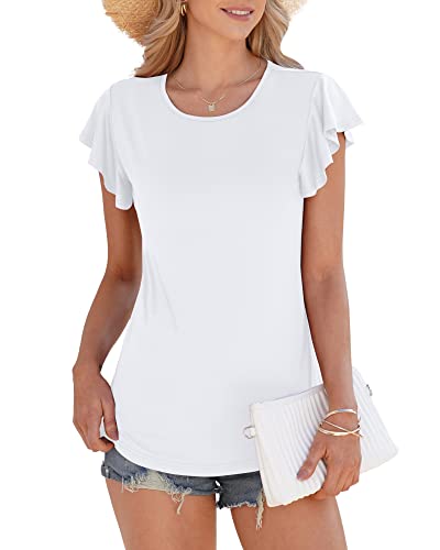 WNEEDU Damen Sommer Tops T-Shirts Rüschen Kurzarm Oberteile Freizeitblusen Hemden(Weiß,XXL) von WNEEDU