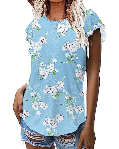 WNEEDU Damen Sommer Tops T-Shirts Rüschen Kurzarm Rundhalsausschnitt Freizeitblusen Hemden(Blumen Hellblau,L) von WNEEDU