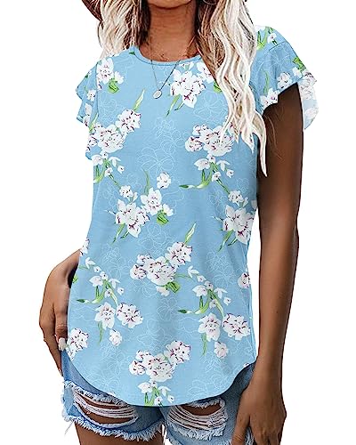 WNEEDU Damen Sommer Tops T-Shirts Rüschen Kurzarm Rundhalsausschnitt Freizeitblusen Hemden(Blumen Hellblau,M) von WNEEDU