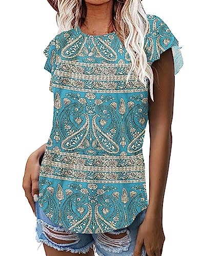 WNEEDU Damen Sommer Tops T-Shirts Rüschen Kurzarm Sommeroberteile Rundhalsausschnitt Freizeit Tshirt für Frauen(Boho-Grün,L) von WNEEDU