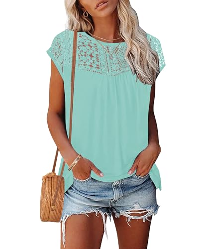 WNEEDU Damen Sommer Tshirt Spitzen Oberteile Kurzarm Top Rundhals Basic Shirt Bluse Elegant 2025 Neu von WNEEDU