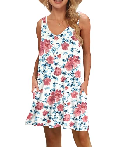 WNEEDU Damen Sommerkleid Kurz V-Ausschnit Strandkleid Knielang Ärmellos Sommer Kleid mit Taschen Swing Tank-Kleid Für Frauen(Floral Rot Blau,L) von WNEEDU