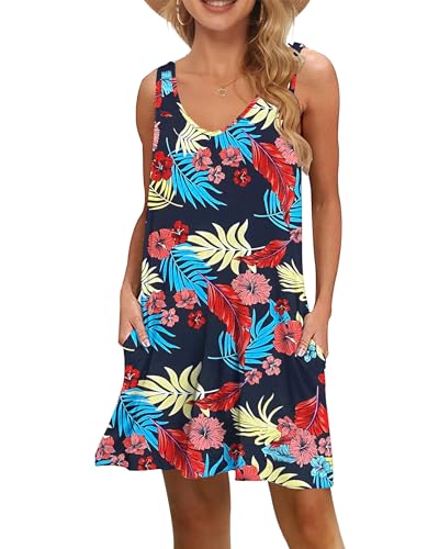 WNEEDU Damen Sommerkleid Kurz V-Ausschnit Strandkleid Knielang Ärmellos Sommer Kleid mit Taschen Swing Tank-Kleid Für Frauen(Marineblaue Blumenblätter,S) von WNEEDU