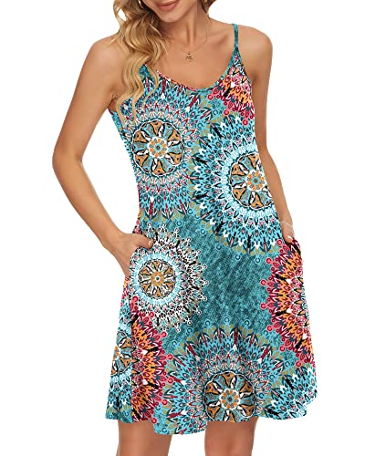 WNEEDU Damen Sommerkleid Spaghetti Strap Beach Cover up mit Taschen Drucken Grün XL von WNEEDU