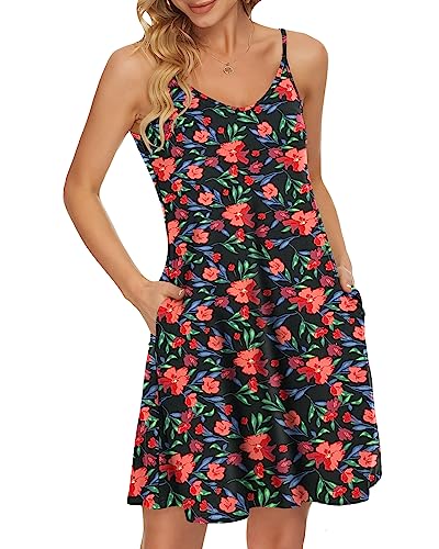 WNEEDU Damen Sommerkleid Spaghetti Strap Dress Floral Schwarz Rot M von WNEEDU