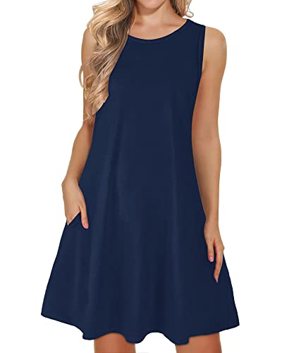 WNEEDU Blau Damen lässig Sommerkleid Ärmelloses Tank Strandkleider T-Shirt Kleid mit Taschen Marine L von WNEEDU