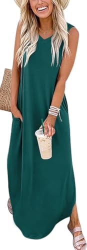 WNEEDU Damen Sommer Kleid Ärmellos Maxi Sommerkleid Strandkleider Lang Leichte Freizeitkleid V Ausschnitt mit Taschen,Dunkelgrün L von WNEEDU