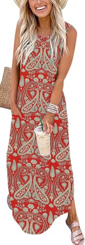 WNEEDU Damen Sommer Kleid Ärmellos Maxi Sommerkleid Strandkleider Lang Leichte Freizeitkleid V Ausschnitt mit Taschen,Neues Boho-Rot L von WNEEDU